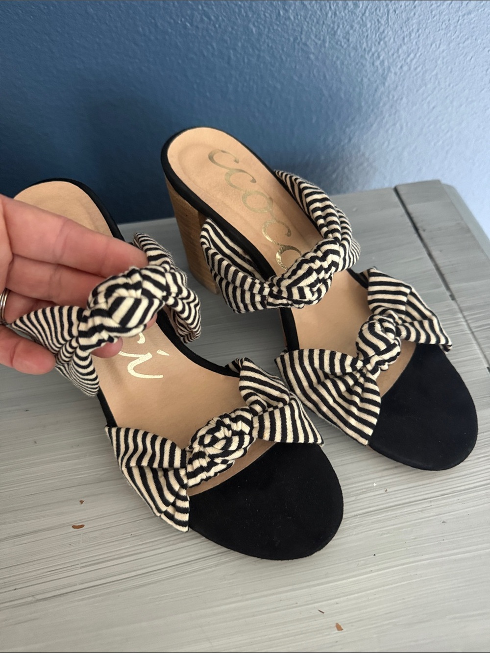 CCOCCI Black and Ivory Striped Bow Block Heel Sandals
